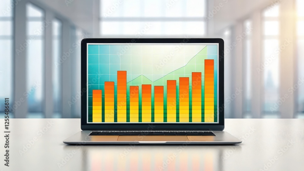 Poster a laptop on a desk with a screen displaying a rising bar graph. this suggests a positive trend in th