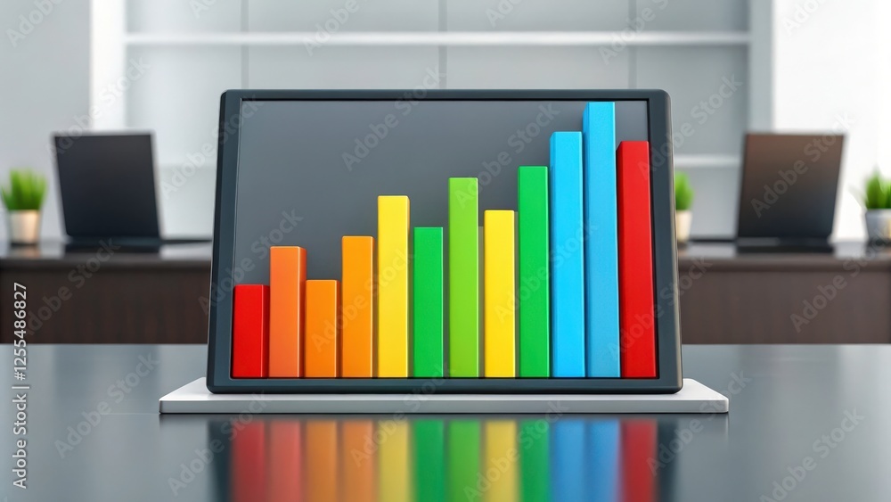 Poster a colorful bar graph displayed on a laptop screen in a modern office setting, symbolizing growth and