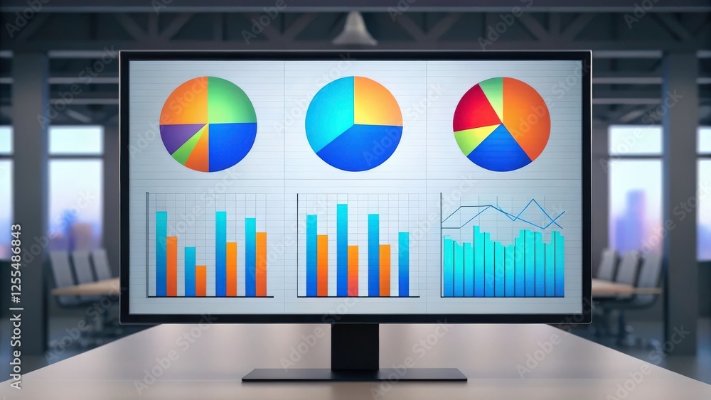 Poster data analysis display on a large monitor in a modern office. charts and graphs showing business perf