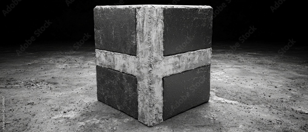 Poster grey cube with rough texture on dark background