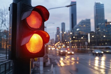 A close-up view of a red traffic light in an urban area on a rainy day, reflecting the challenges and rhythm of city life amid traffic and modern architecture.