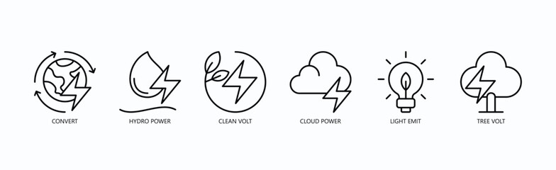 Eco Current Icon Set Isolated Vector With Icon Of Convert, Hydro Power, Clean Volt, Cloud Power, Light Emit, Tree Volt In Outline Style