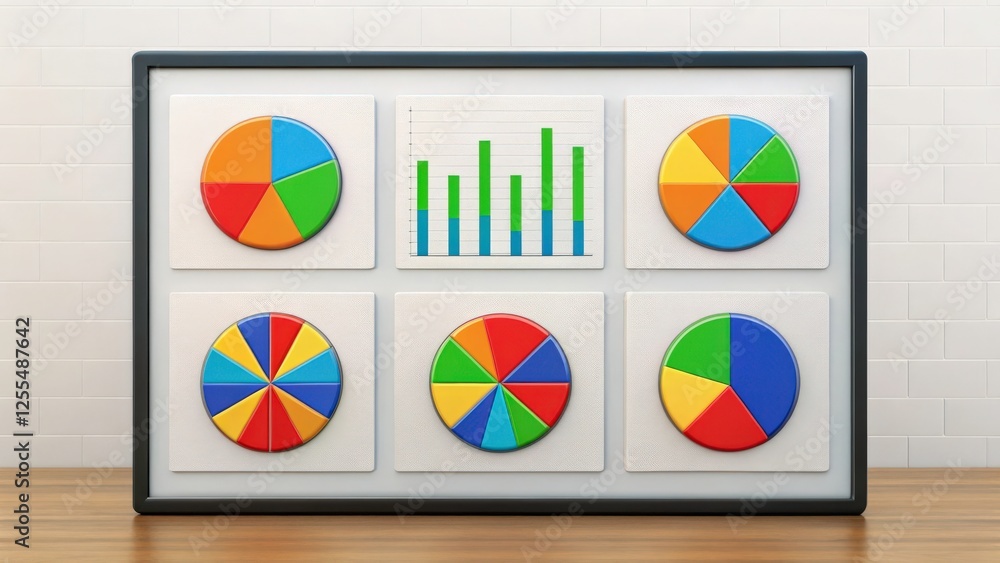 Aufkleber framed colorful pie charts and bar graphs on a wooden table. this image can be used to represent dat