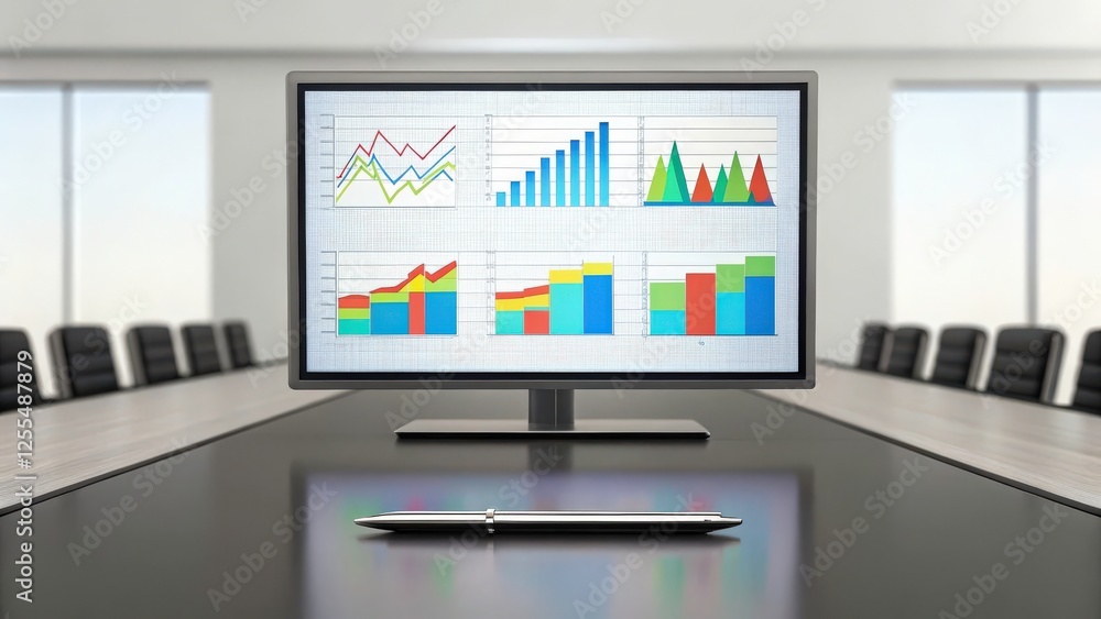 Poster a large monitor in a conference room displaying various business charts and graphs. the monitor is p