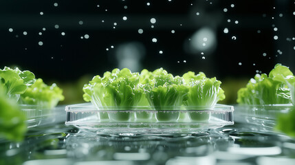 Young lettuce sprouts in Petri dishes under water droplets, symbolizing biotechnology and sustainable agriculture.