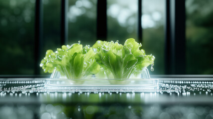 Bright green leaves in a clear tray against rain and soft light — a concept of growth and natural purity.