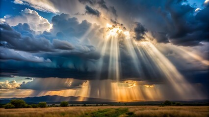 Sunbeams Breaking Through Clouds Over Field