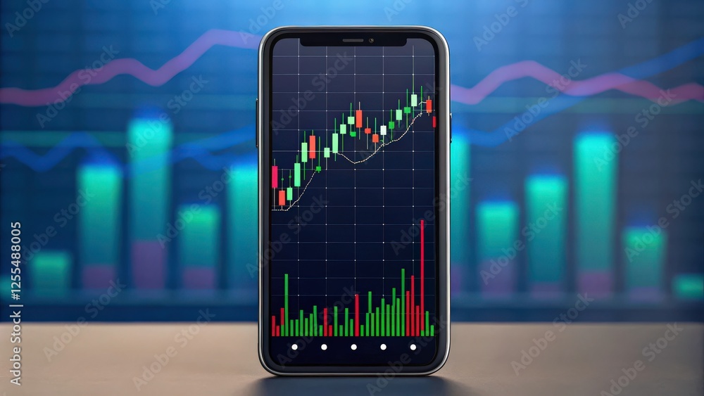 Poster smartphone displaying a stock market graph showing upward trend. the background features blurred cha