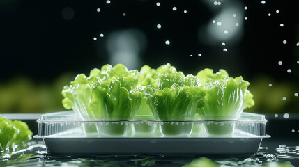 Close-up of vibrant greens in a container under streams of water — a symbol of growth and living energy.