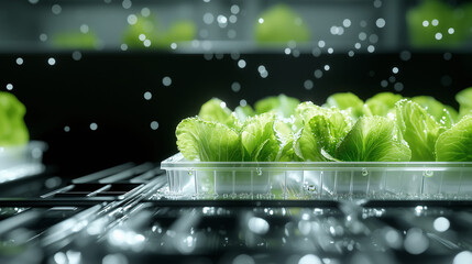 Close-up of lettuce leaves in a hydroponic system under artificial lighting with water droplets — modern agriculture in detail.
