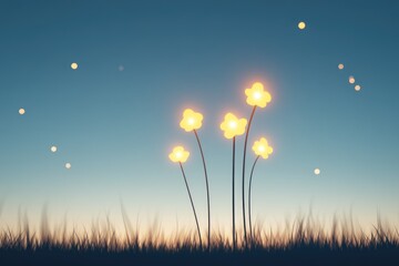 Glowing flowers in a serene twilight landscape with soft grass and stars