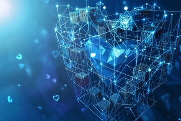 Obraz premium Heart Shaped Structure Made of Glowing Cubes Surrounded by a Vibrant Digital Grid at Night