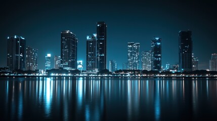 Fototapeta premium Spectacular Cityscape Reflections: Nighttime View of Urban Skyline