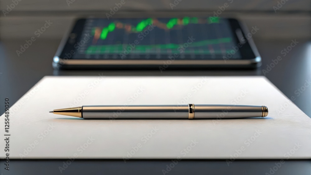 Poster a silver pen with a gold tip lays on a white piece of paper. a tablet computer with a stock market c