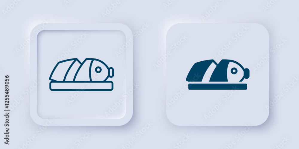 Poster filled and outline fish with sliced pieces with knife icon isolated on grey background. square butto