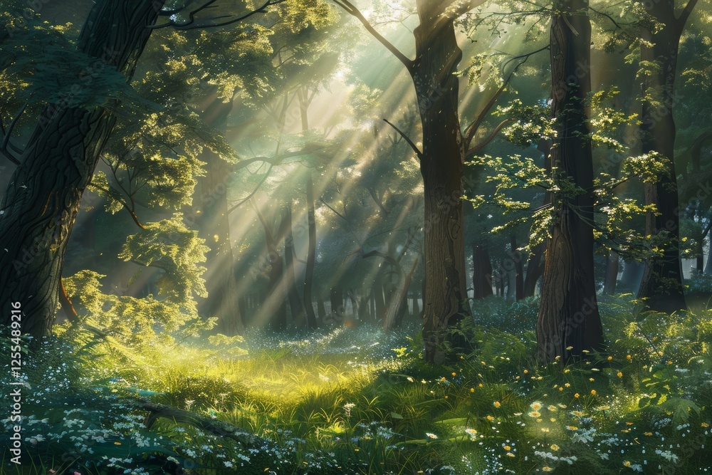 Aufkleber sunlight filters through trees in a tranquil forest, creating a peaceful atmosphere in the lush gree