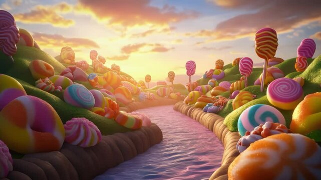 Vibrant candy landscape with lollipop trees, sugar-coated hills, and a flowing river under a colorful sunset sky. A whimsical fantasy world filled with sweets, creating a dreamlike, magical atmosphere