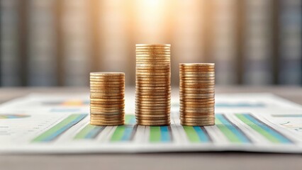 three stacks of golden coins are neatly arranged on a financial document. The coins symbolize wealth and growth, emphasizing financial success and prosperity.
