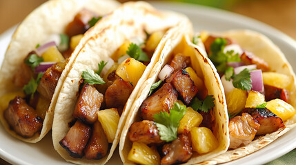 An authentic plate of Mexican tacos al pastor, soft corn tortillas filled with marinated pork, pineapple, onions, and cilantro. 