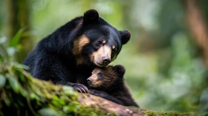 A bear and its cub cuddle tenderly in a rich green wilderness, showcasing their deep bond. This heartwarming scene evokes feelings of love and tranquility in nature.