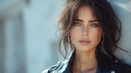 Confident woman in black leather jacket, soft light, blurred red background. Bold style meets effortless elegance