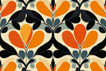 An intricate, vibrant floral pattern showcases symmetrical arrangements of flowers and leaves generative ai