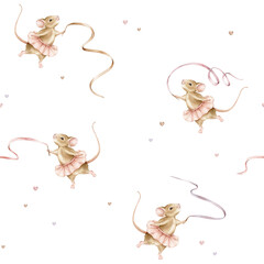 Seamless watercolor pattern with mouse ballerina with ribbon in a pink tutu. Illustration of background for nursery wallpaper, baby decor, textiles, or children paper with beige animals. © Ekatmart