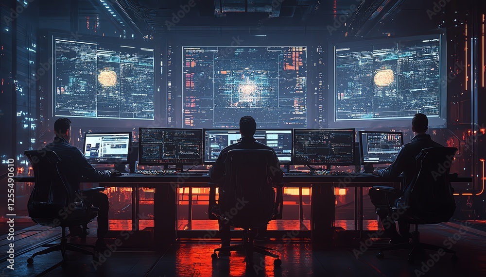 Aufkleber Digital illustration of four men sitting at a desk with multiple hightech computers and large monitors in a futuristic command center
