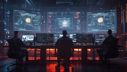 Digital illustration of four men sitting at a desk with multiple hightech computers and large monitors in a futuristic command center
