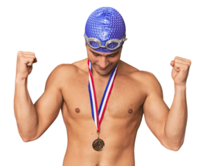Hispanic male swimmer with gold medal celebrating victory