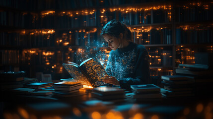 A young woman carefully studies a glowing book in a dimly lit library. The scene is filled with soft light and sparkles, creating a magical and intellectual ambiance.
