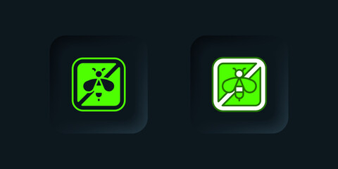Green Stop bee icon isolated on black background. Sweet natural food. Honeybee or apis with wings symbol. Flying insect. Black square button. Vector