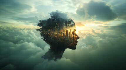 A human profile formed from clouds and a cityscape, reflecting the concept of “city in the mind” and digital urbanism.