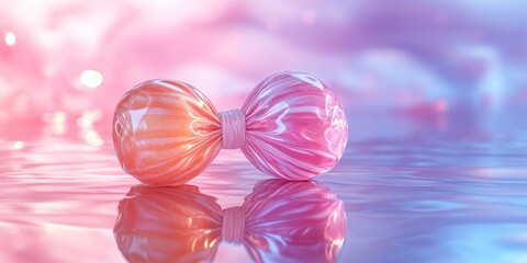 Sweet Dreamy Candy Bow: Abstract Pink and Orange Marble Spheres on Reflective Surface