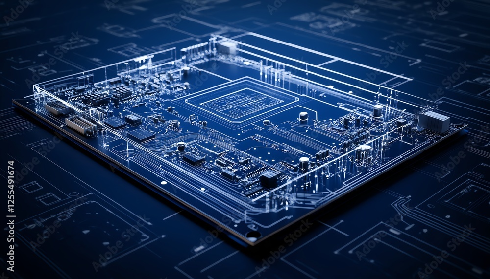 Poster minimalistic circuit board blueprint on a dark blue background, clean lines and modern technology de