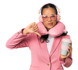 Young Filipina with chic pink attire showing a dislike gesture, thumbs down. Disagreement concept.