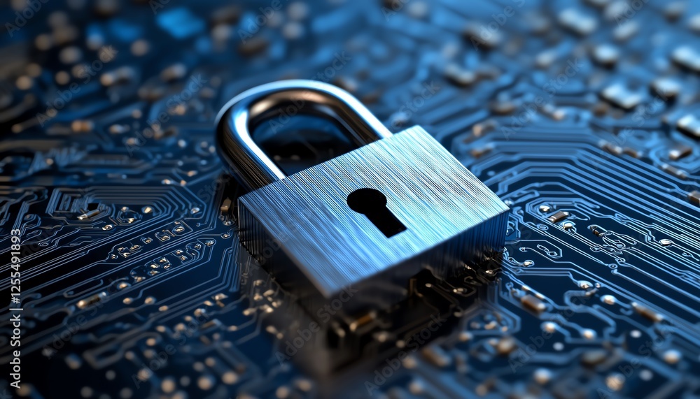Poster Padlock icon 3D rendered on top of a computer circuit board, illustrating secure digital systems and encryption technology