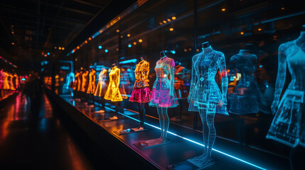 A display of holographic dresses in a futuristic boutique. A vibrant visualization of future fashion using digital technology and neon colors.