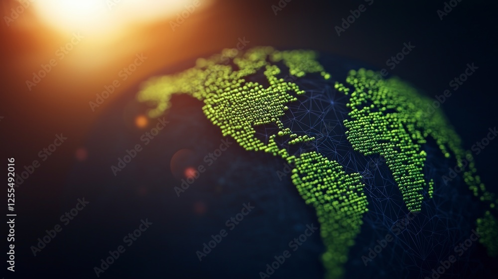 Poster illuminated green data points forming a global network on dark earth globe