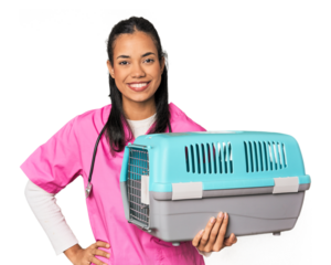 Young Filipina vet holding pet carrier showing a copy space on a palm and holding another hand on waist.