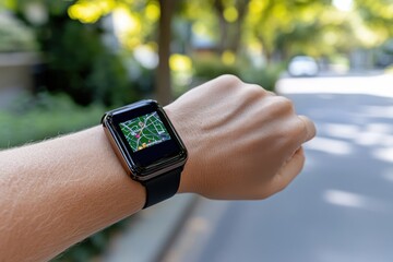An engaging image of a smartwatch showcasing a map interface as an individual strolls outdoors, symbolizing the fusion of technology, navigation, and an adventurous lifestyle.