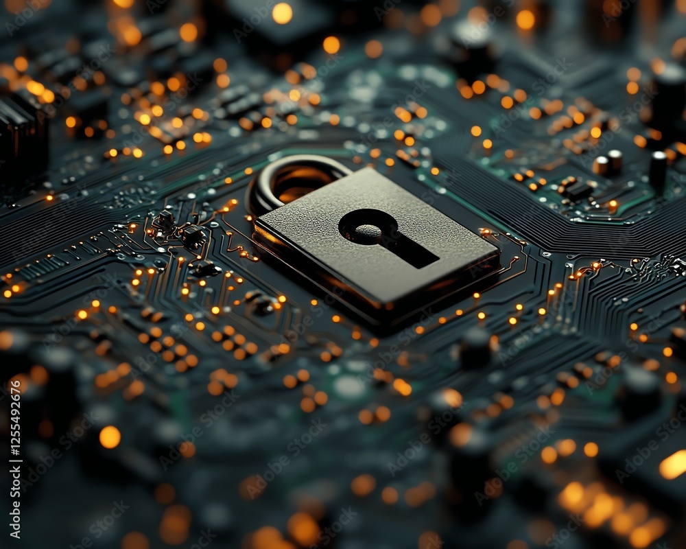 Poster 3D rendered padlock icon on a computer circuit board, symbolizing the fusion of security and technology in digital systems