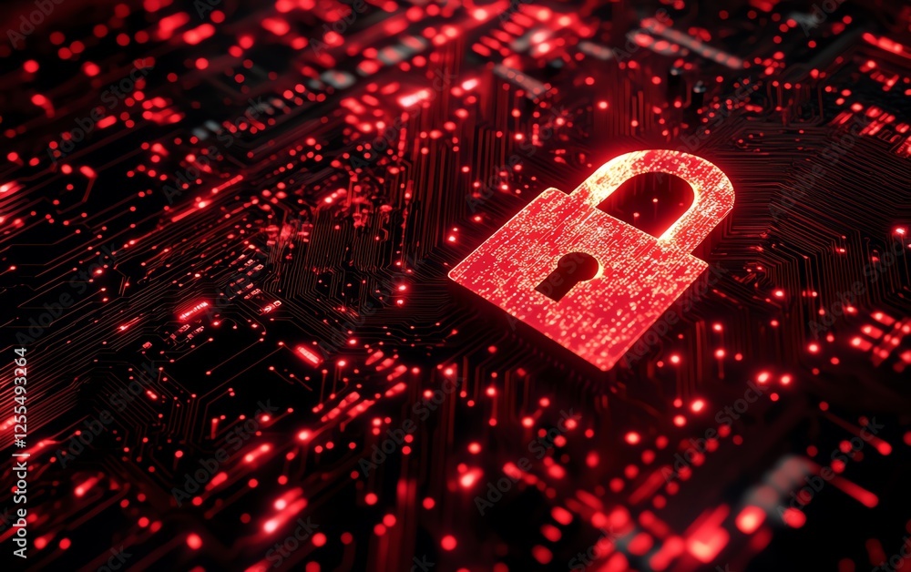 Fototapete 3d rendering of a padlock icon on a circuit board, illustrating cybersecurity, encryption, and secur