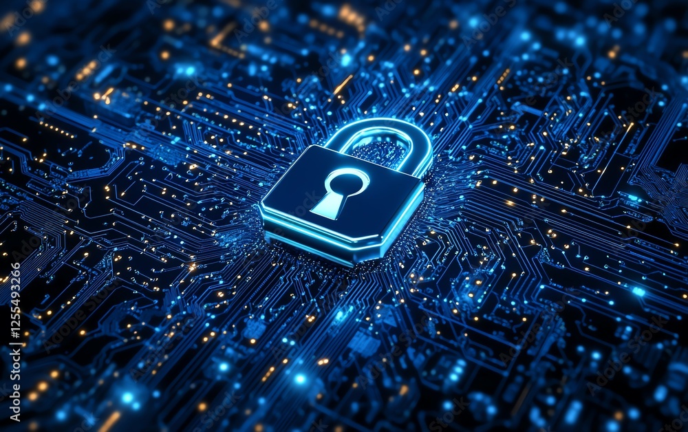 Poster 3D rendering of a padlock icon on a circuit board, illustrating cybersecurity, encryption, and secure data systems in a digital world