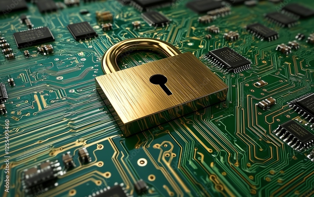 Poster 3D rendering of a padlock on a computer circuit board, symbolizing digital security and encryption with advanced technology