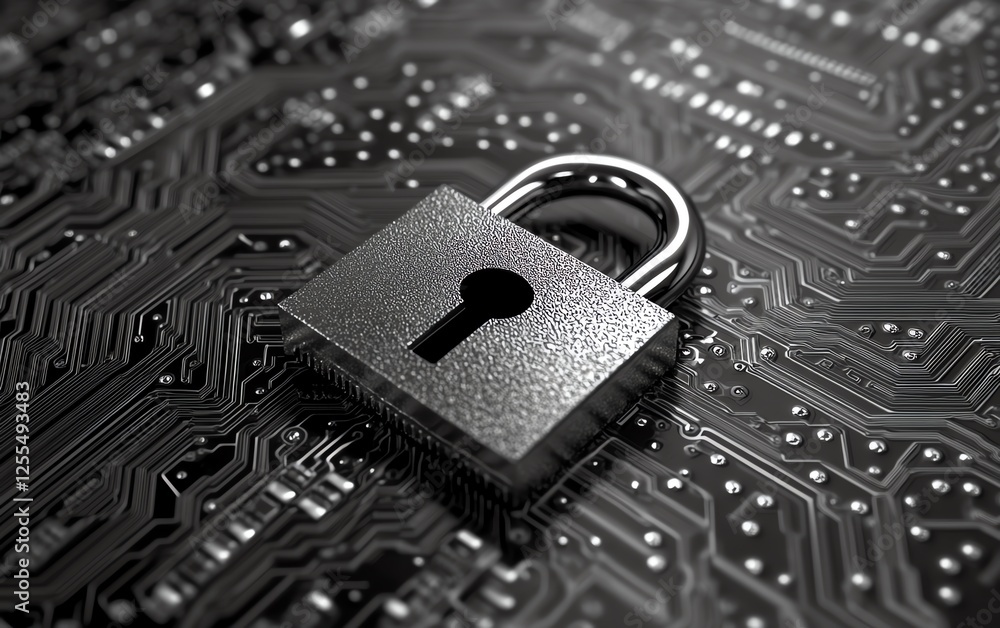 Poster 3D rendering of a padlock on a computer circuit board, symbolizing digital security and encryption with advanced technology