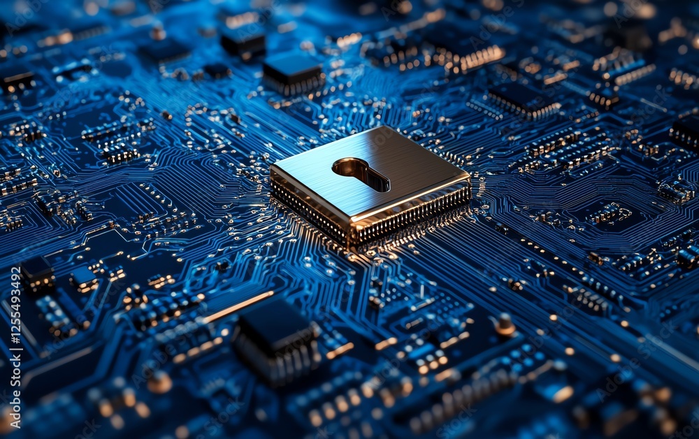 Poster 3D rendering of a padlock on a computer circuit board, symbolizing digital security and encryption with advanced technology