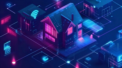 Naklejka premium Holographic interfaces represent smart home automation, including Wi-Fi connectivity, security, and intelligent device management. high-tech digital network, interconnected systems concept