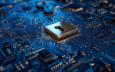 Obraz premium 3D rendering of a padlock on a computer circuit board, symbolizing digital security and encryption with advanced technology