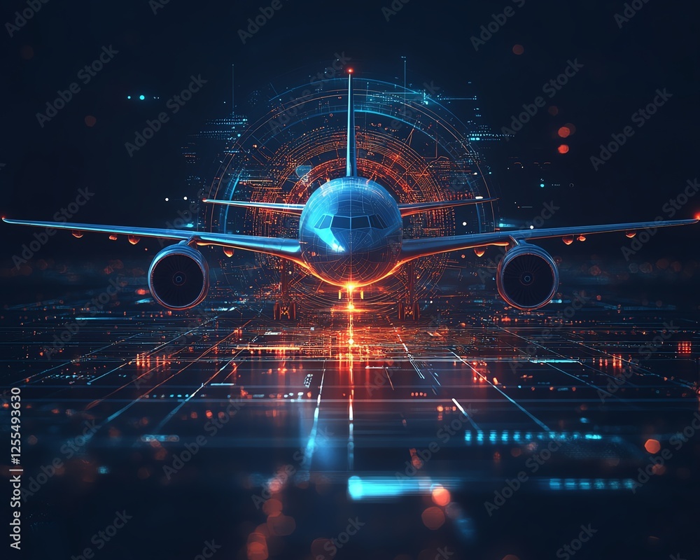 Poster abstract aerospace concept with an airplane at the center, futuristic interface in the middle, digit